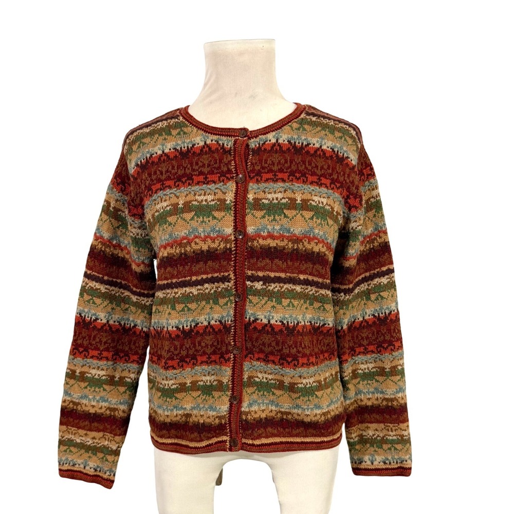 Vintage Fair Isle Button Front Cardigan Ramie Silk Wool Blend Earth Tones S